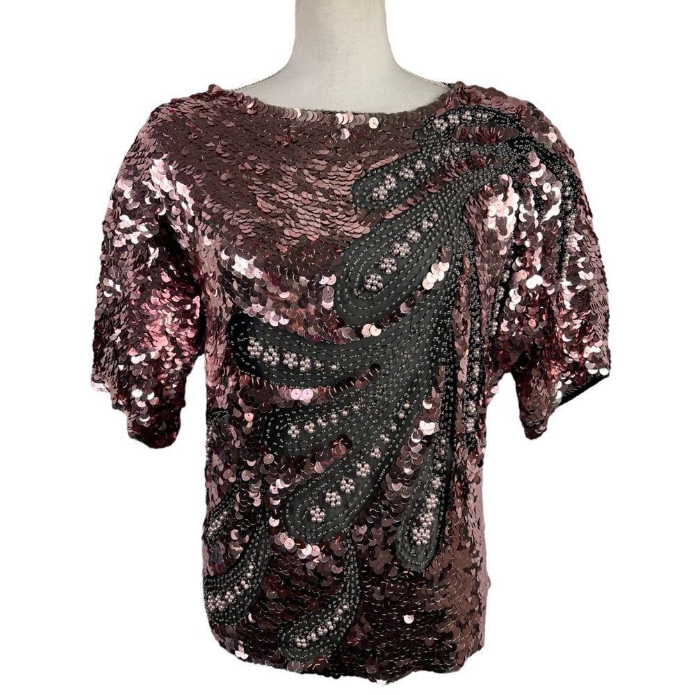 Vintage Oleg Cassini Rose Gold Pink Sequins Silk Formal Blouse Small Pearl Beads